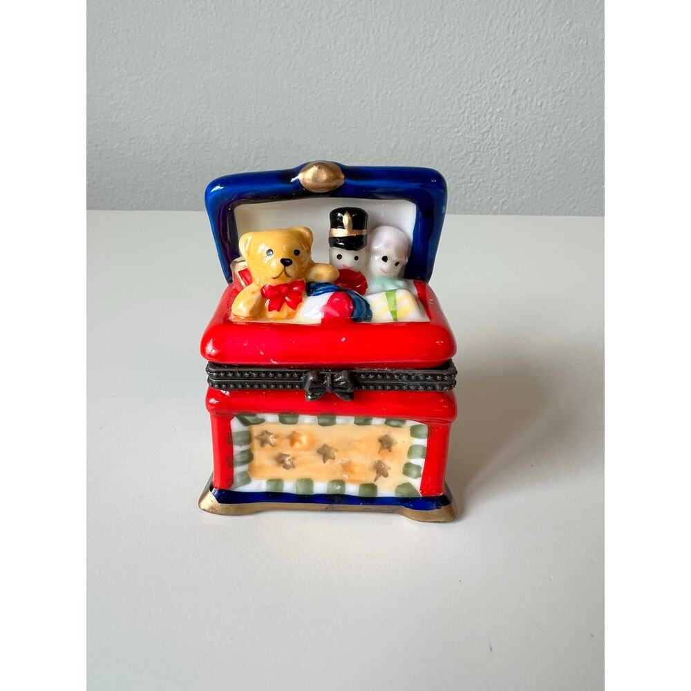 Vintage Hinged Trinket Box Chest Of Toys Teddy Bear Soldier Doll